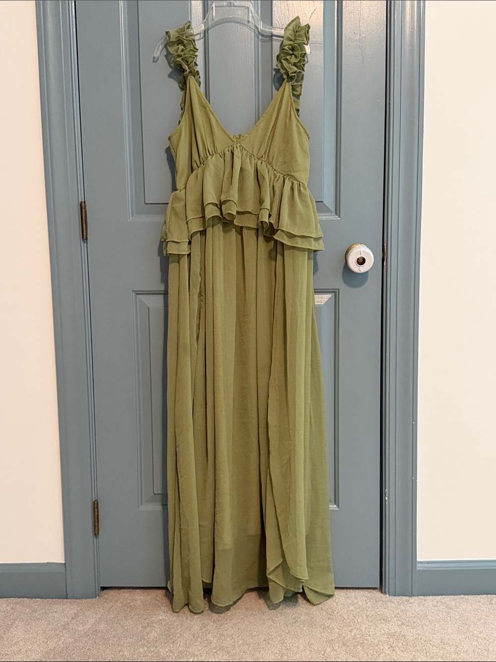VILA Light Olive Ruffle-Trim Maxi Dress